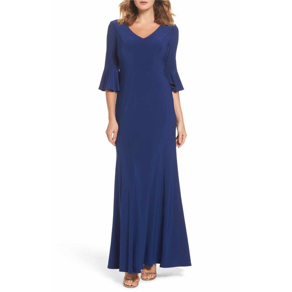 ALEX EVENINGS Royal Cobalt Blue Bell Elbow Sleeve Dress Gown V-Neck - Sz 8